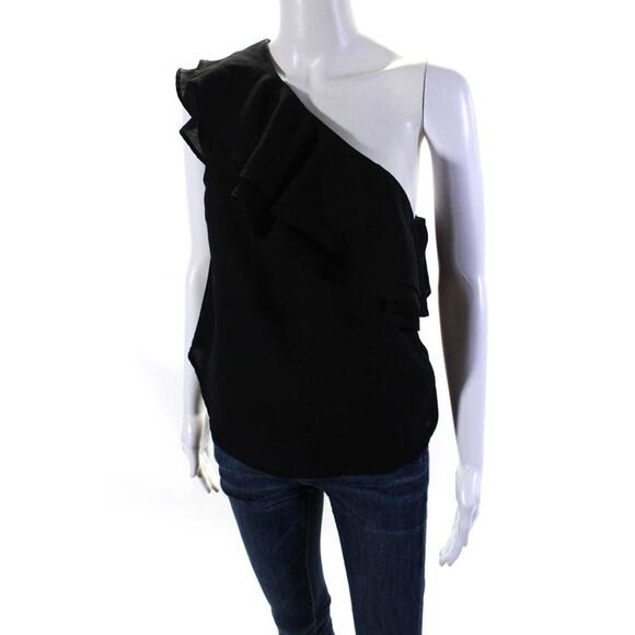 Ellelauri Women's Asymmetrical Ruffle Sleeveless Blouse Black Size S - Picture 2 of 6